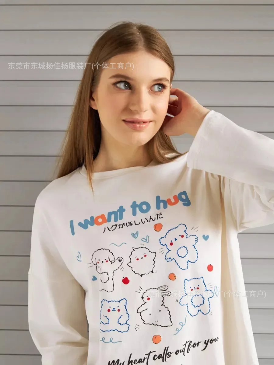 sweet chic Women 100% Cotton Long Sleeve T Shirt Kawaii Cartoon Bear Rabbit Sheep cartoon Loose Oversized Casual Streetwear Tees