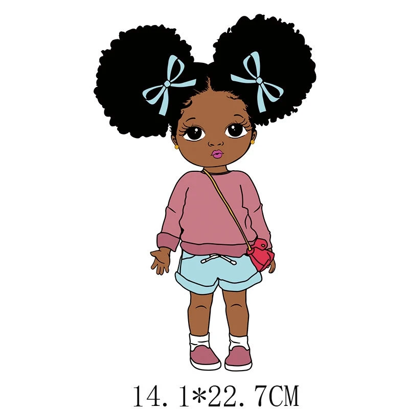 Cute Black Girl Thermal Heat Transfer Stickers DIY Print-On T-Shirt Hoodies Iron On Patches For Clothes Kid Applique Set