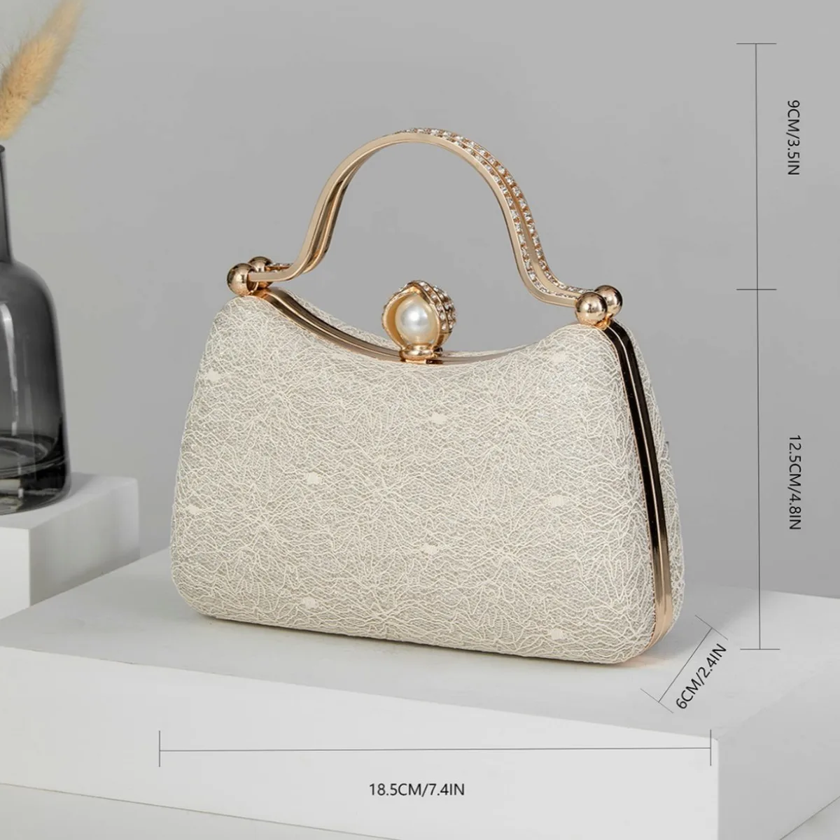 Women Pearl Clasp Evening Bag Crystal Metal Handle Vintage Frame Clutch Chain Crossbody Purse Wedding Party Bridal Handbag