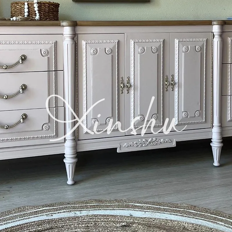 French Country Solid Wood TV Cabinet Villa Living Room Contrasting Color Storage Cabinet American Retro Carved Locker Dining Sid
