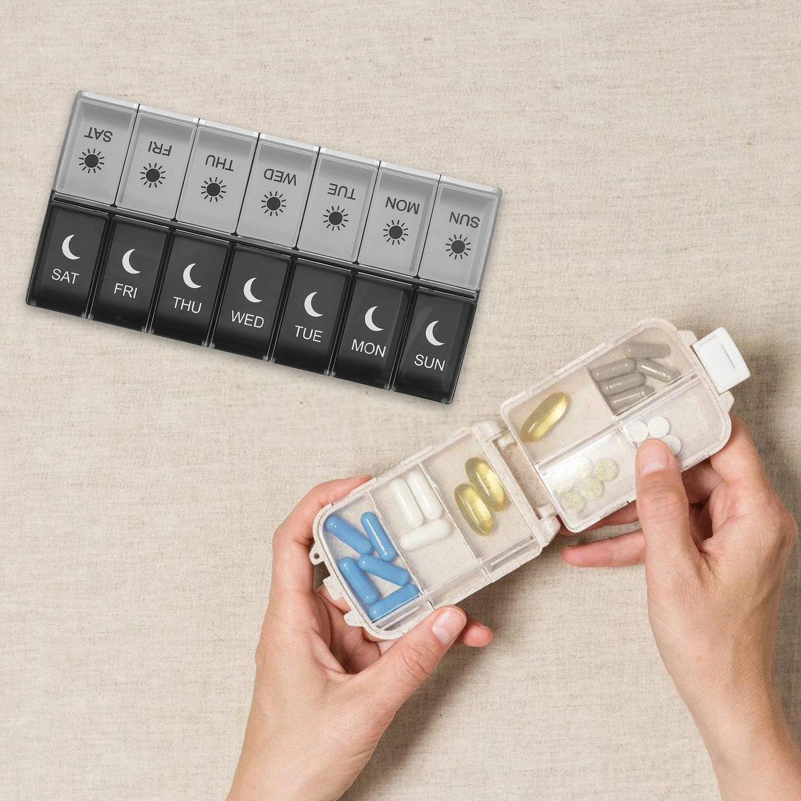 

Portable Pill Box 14 Compartments Weekly Medicine Container Safe PP Material Fall Impact Resistant Flexible Sealing High Temp