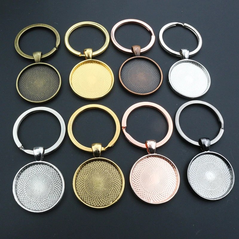 5pcs Keychain With Pendant Bezel Blank Fit 20 25 30mm Cameo Glass Cabochon Base Setting DIY Key Ring Supplies