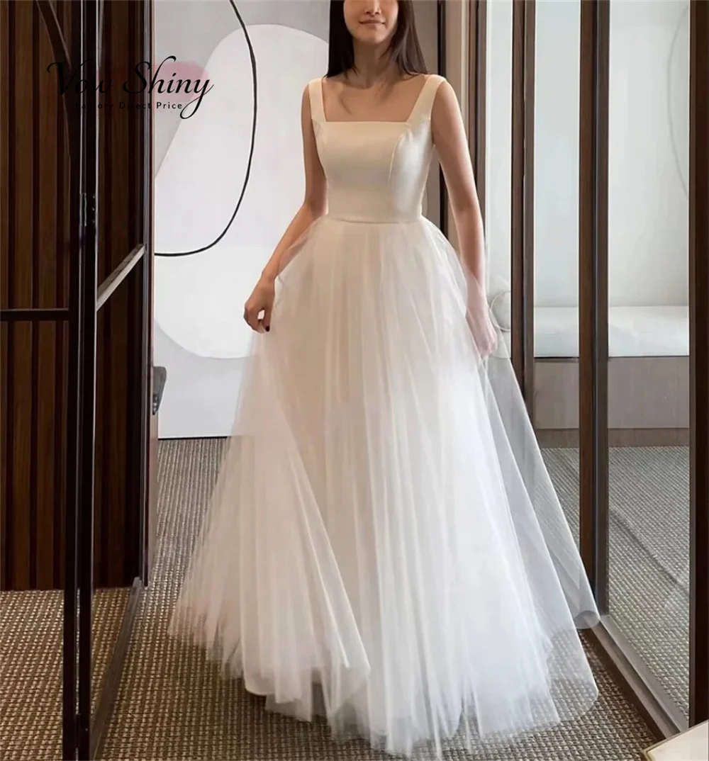 Vow Shiny Elegant Satin Square Neck Korea Wedding Dress Photo Shoot Customized Tulle A Line Bridal Gown Outdoor Intimate Wedding