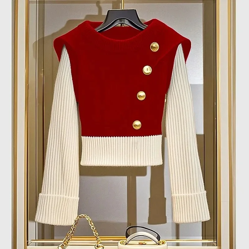 

Women's Color Block Knit Sweater Black White Long Sleeve O-Neck Elastic Warm Elegant Chic Korean Style Spring Top 2025