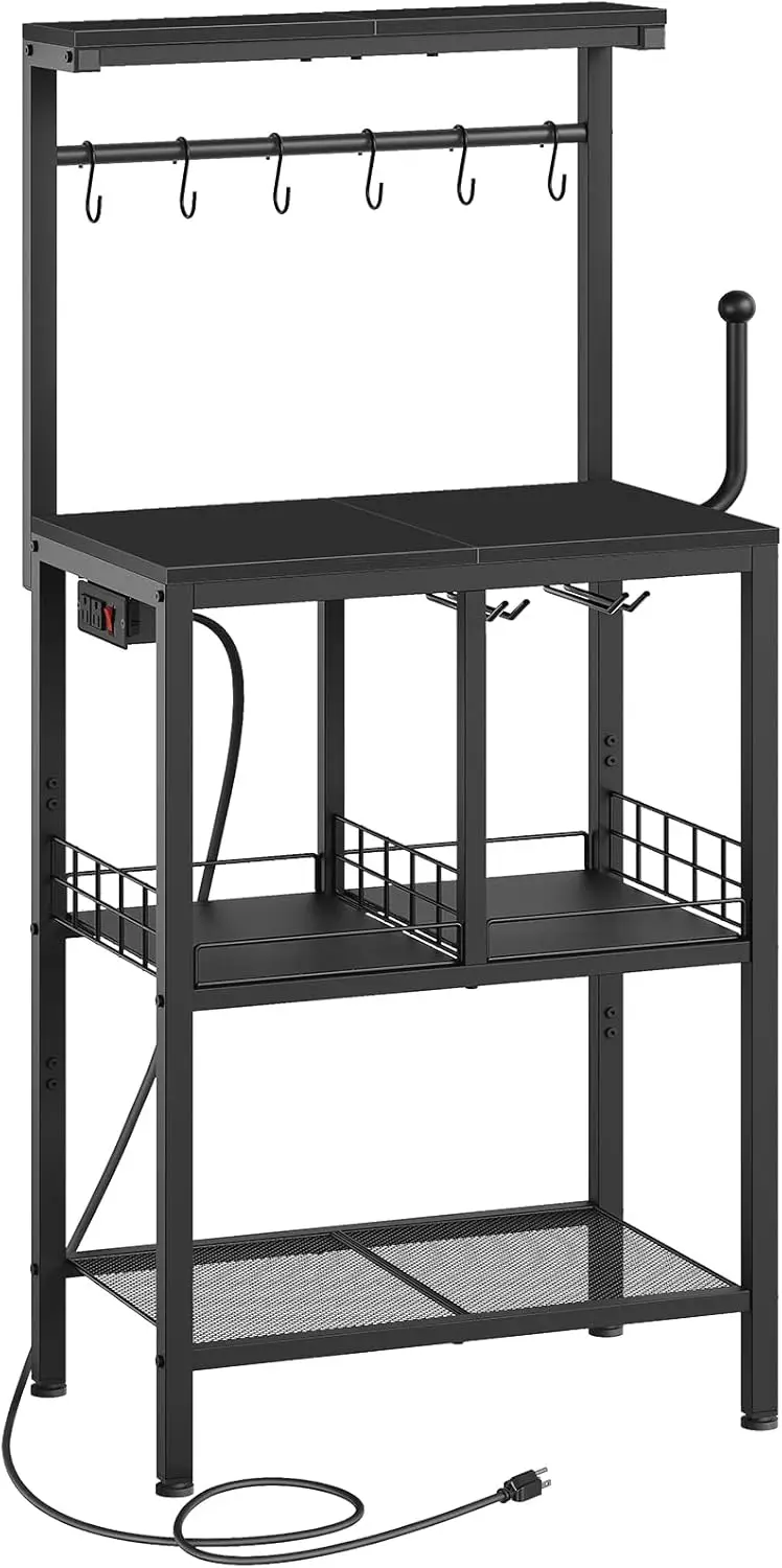 

4-Tier Kitchen Storage Rack with Power Outlet, Microwave Stand with Paper Holder, Coffee Bar Table with Wine Glass Holder, Black