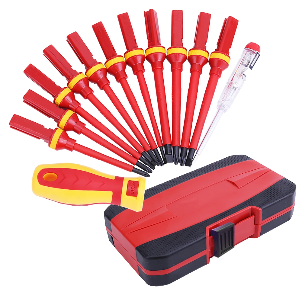 Electrician Repair Tools Kit 13pcs 1000V Changeable VDE Insulated Screwdrivers Set with Magnetic Slotted Bits Hand Tool Kit