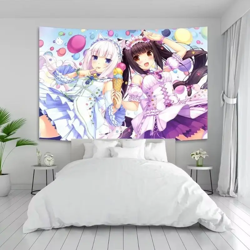 VIKAMA Anime Cat Paradise Chocolate Vanilla Tapestry Cat Ear Girl anime Wall hung Bedroom Dormitory Home Decoration