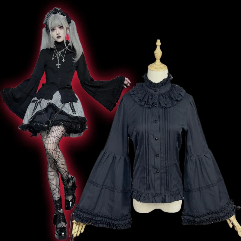 Victorian Gothic Lolita Style Shirts Women Vintage Elegant Long Sleeves Blouse Female Japan Fashion Ruffles Turtleneck Slim Tops