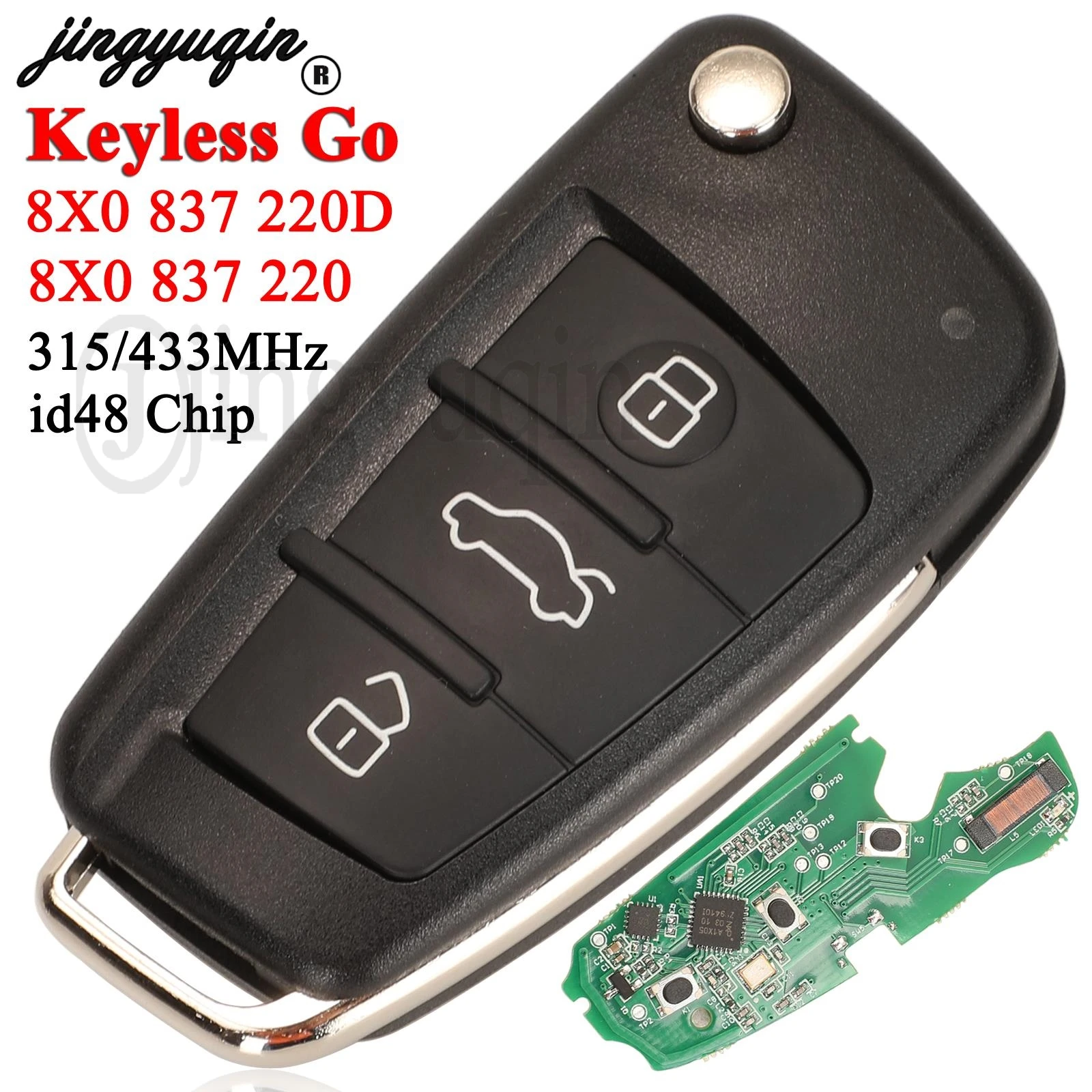 jingyuqin Keyless Go 8X0 837 220D For Audi Q3 315MHz/433MHz ID48 Chip Folding Car Smart Remote Key 3 Buttons HU66 Blade