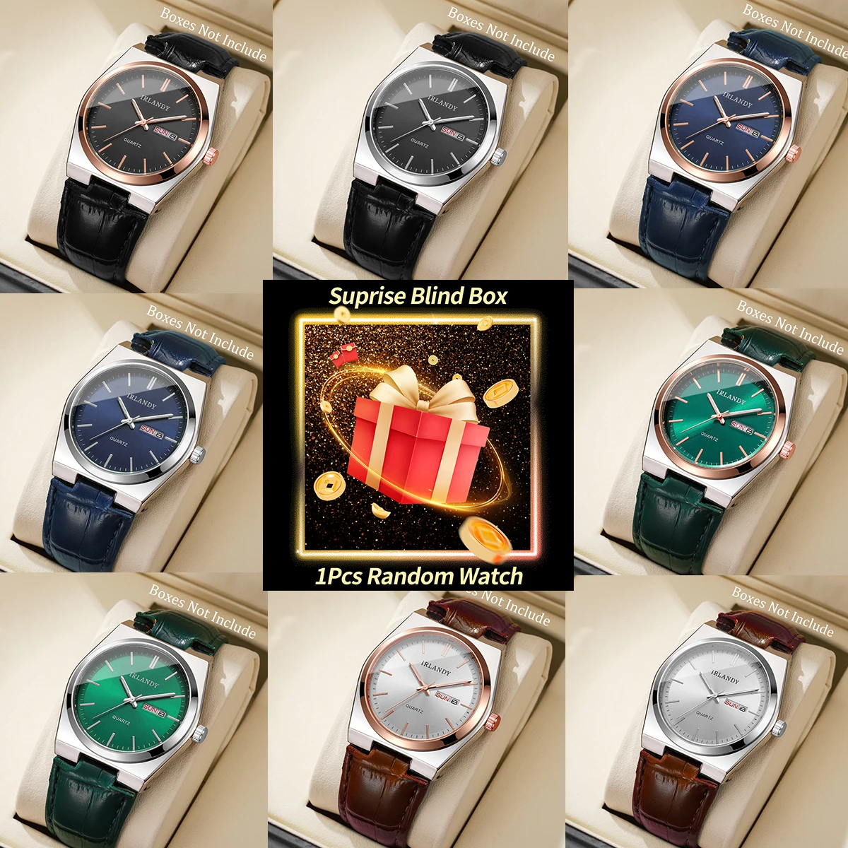 

1 шт., загадочные часы-сюрприз, слепая коробка-мужские деловые часы, модный кожаный ремешок, календарь, кварцевые наручные часы (без коробки)