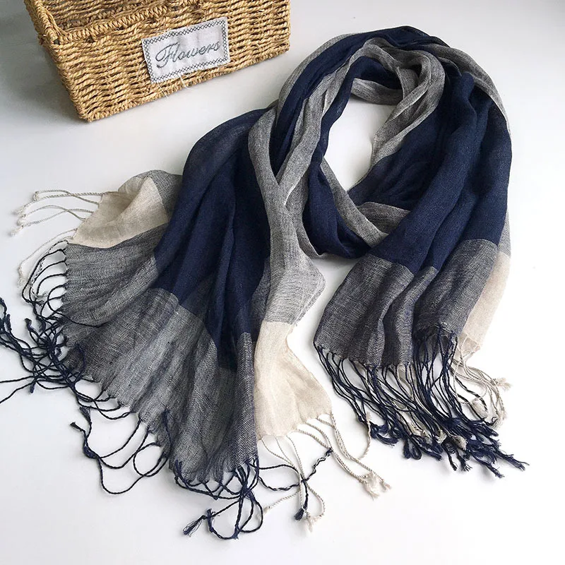 Large Size Summer Pure Linen Scarf Striped Beach Sunscreen Linen Scarf Autumn And Winter Warm Big Tassel Navy Blue Scarves