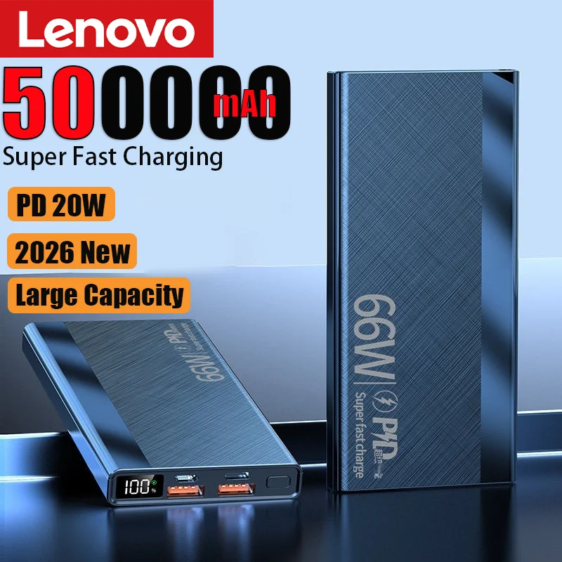 Lenovo 66W 500000mAh Capacity Power Bank Portable Super Fast Charging LED Digital Display External Battery for iPhone Samsung