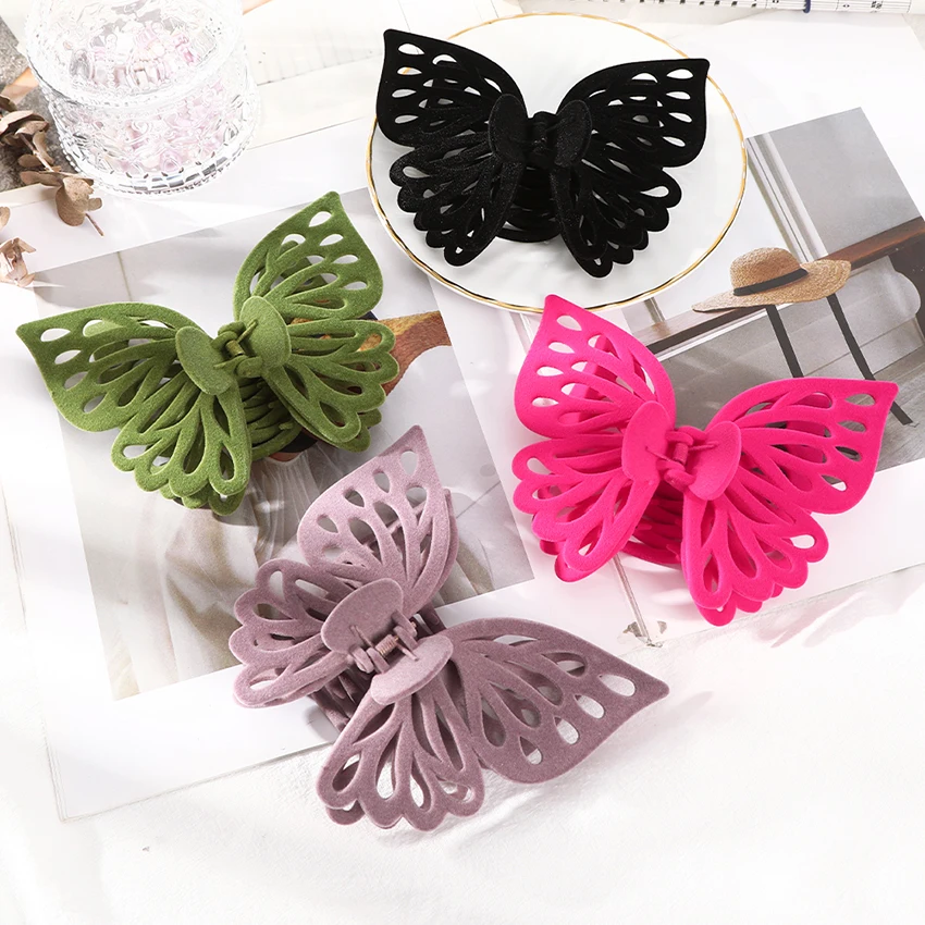 Large Butterfly Hair Clips For Girl Hollow Out Fashion Shark Clip Flocking Barrette Claw Clip Women Hair Accessories Accessory