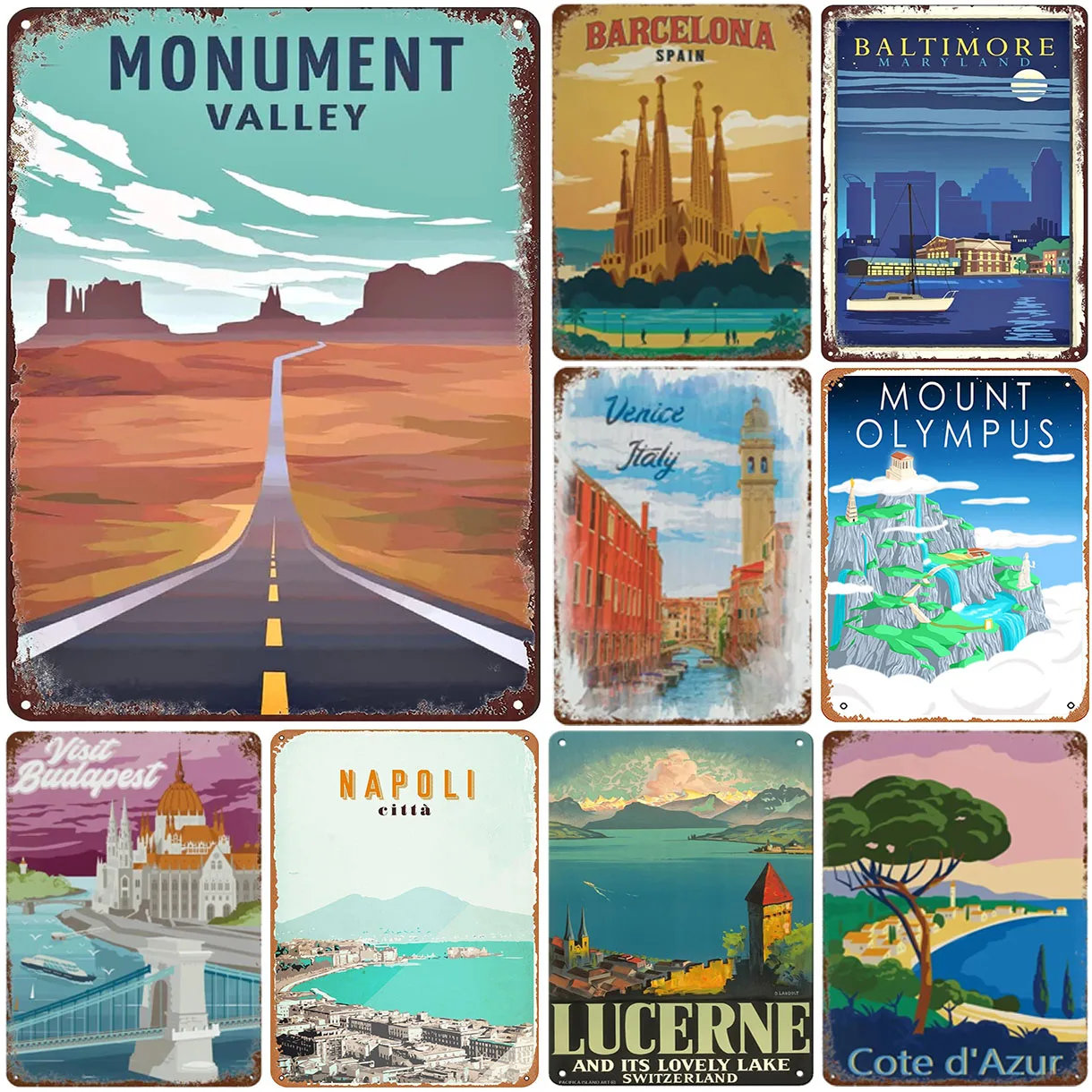 Vintage Global City Travel Landscape Metal Sign Retro World Landmark Wall Decor Bar Cafe Travel Room Hanging Plaque