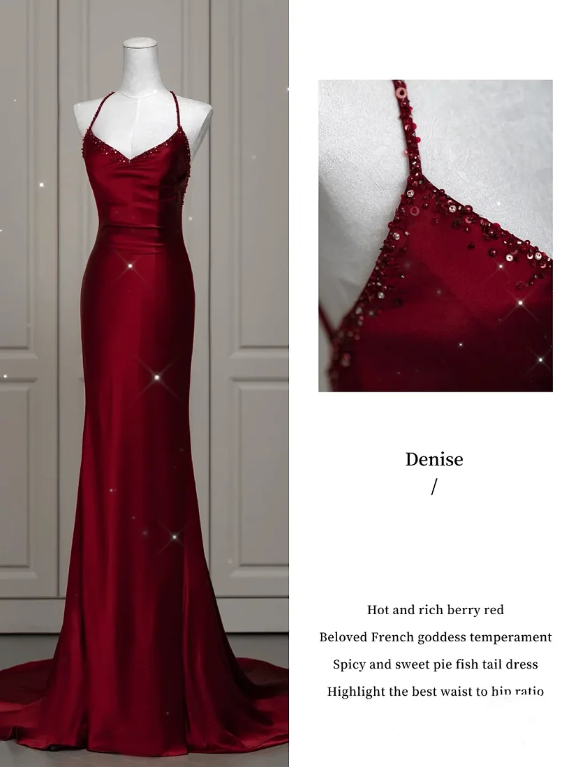 Wine Red Prom Dress Sexy V-neck Ribbon Lace Up Beading Mermaid Backless Zipper Satin Enegagement Fashion Robe Formal Gowns 2024