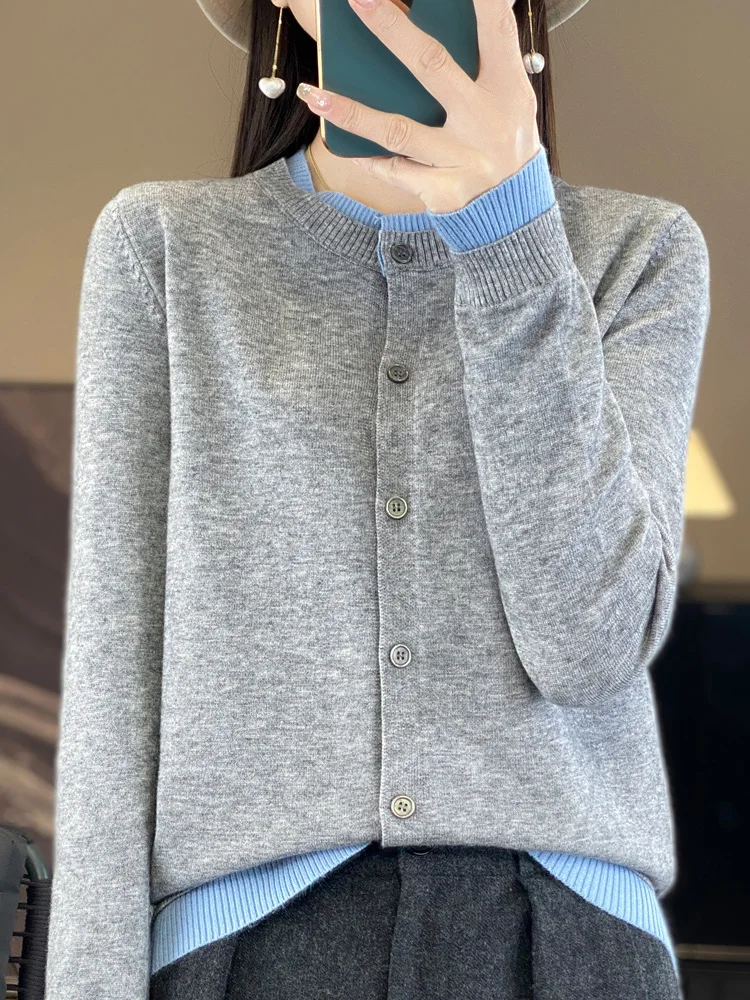 2026 Autumn Winter New Arrival Women's Merino Wool O-Neck Fake Two‑Piece Color‑Block Cardigan Sweater Long Sleeve Knit Top