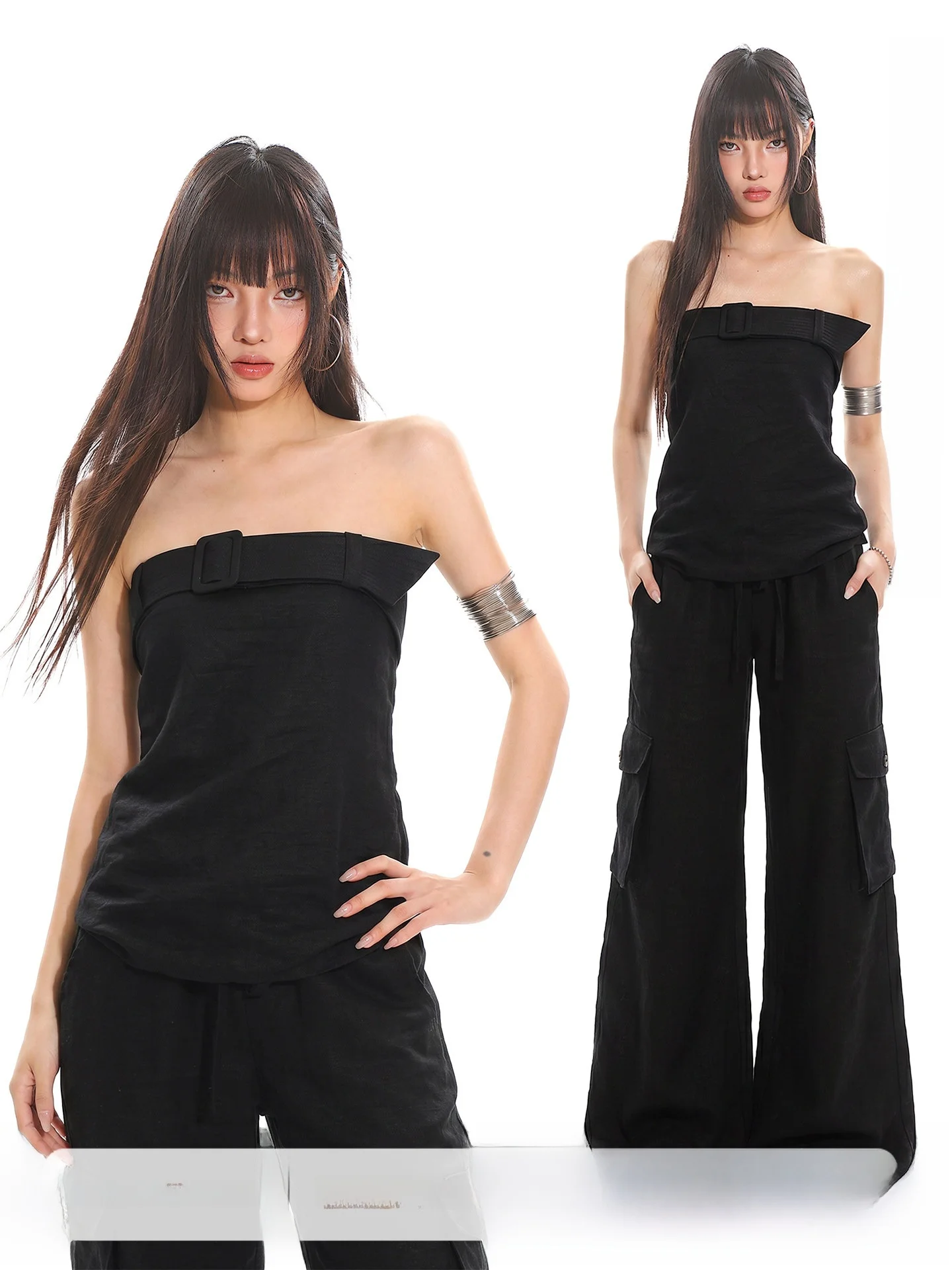 UNCMHISEX Black One-Shoulder Zipper Slim Fit Women's Top Exposes Skin for Slimming Effect Summer Fashion Casual Wear