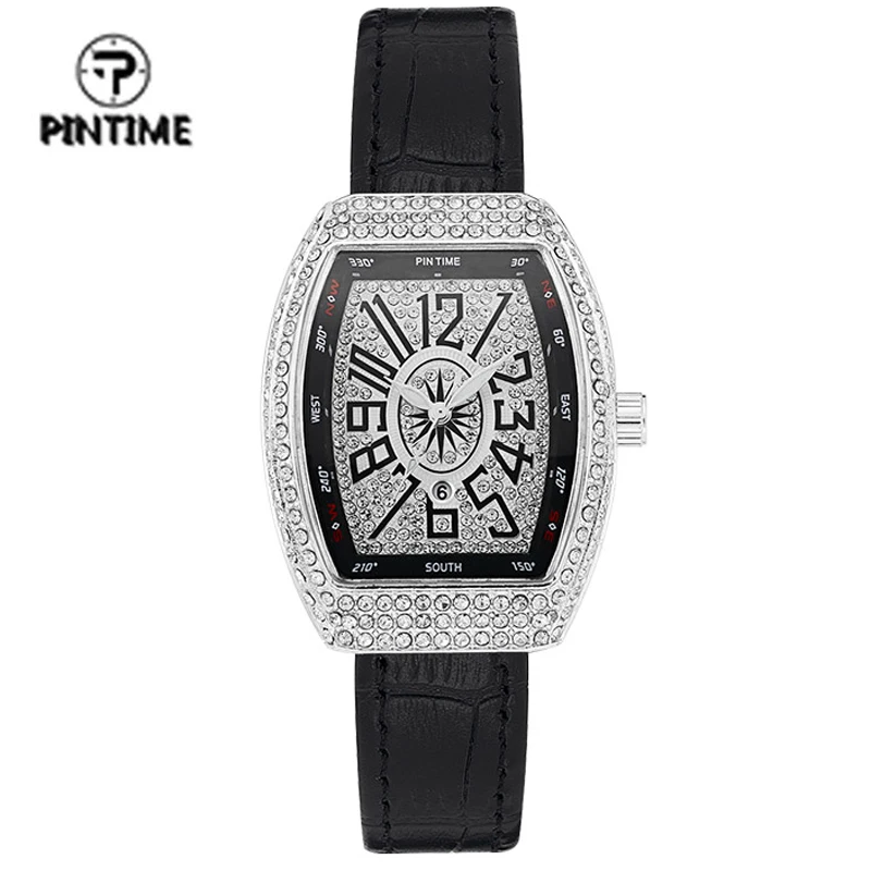 

PINTIME Luxury Diamond Quartz Watch Women Female Tonneau Shaped Wristwatches Rhinestone Iced Out Bezel Red Wrist Watches Clock