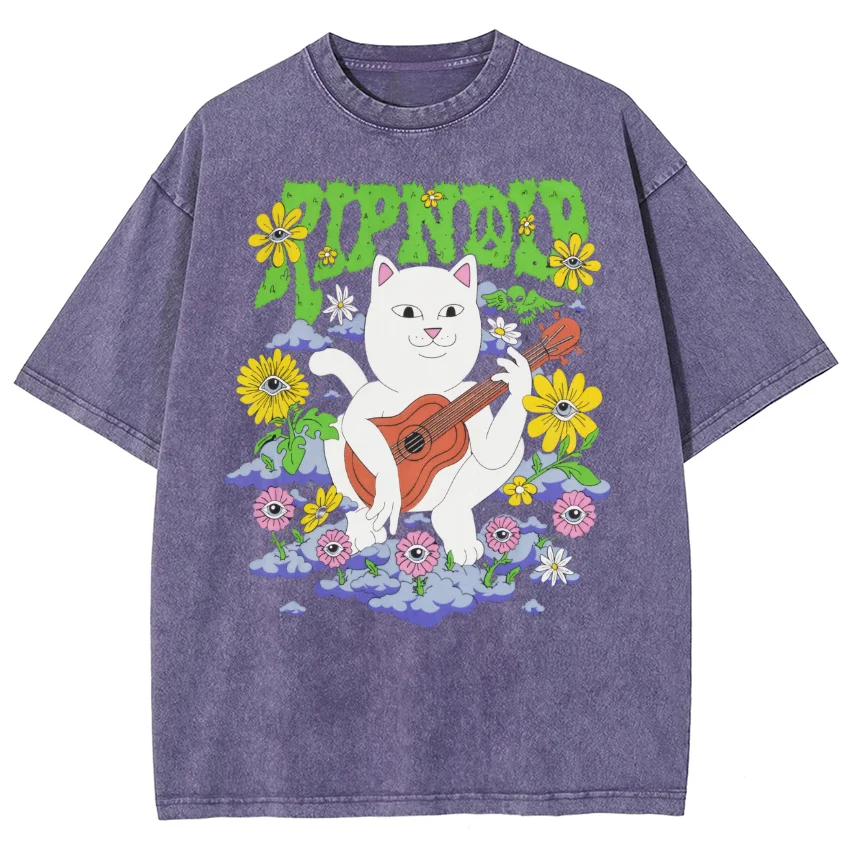 

Playing Musical Instruments Cats Streetwear Leisure Trend Summer Plus Size T-shirt 15 Colors European and American Washed Denim