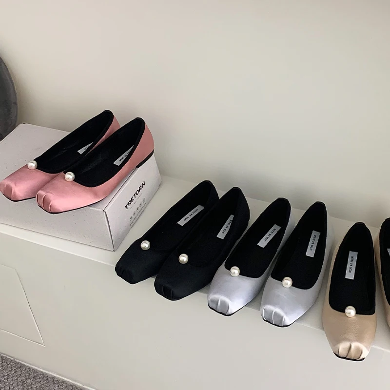2024 Spring Summer New Elegance Ballet Shoes Women Square Head Satin Surface Flat Shoes Retro Fashion Grandma Shoes Pearl