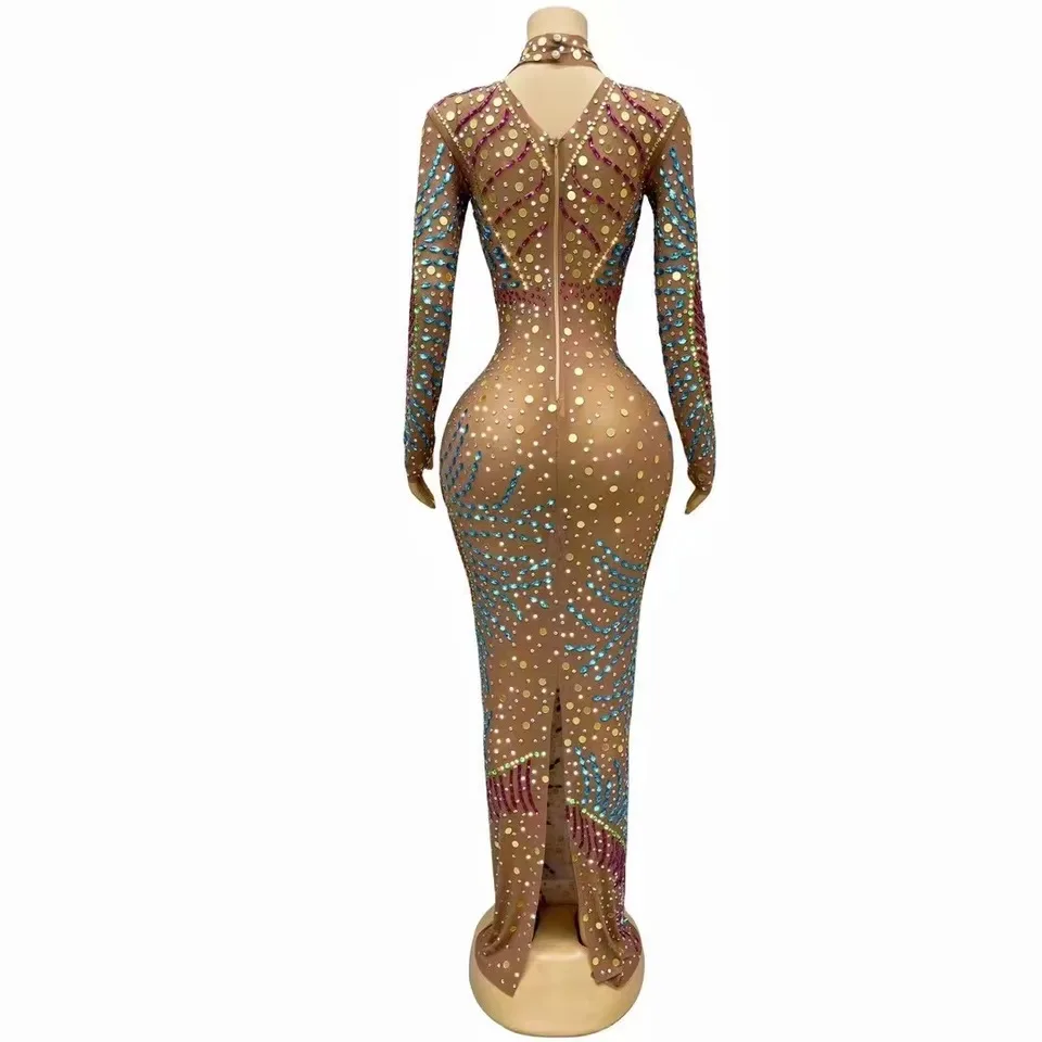 ชุดราตรีวันเกิดปาร์ตี้คลับเครื่องแต่งกายผู้หญิง Sparkly Rhinestone ดูผ่านตาข่ายยืดหยุ่นผู้หญิงชุดยาว