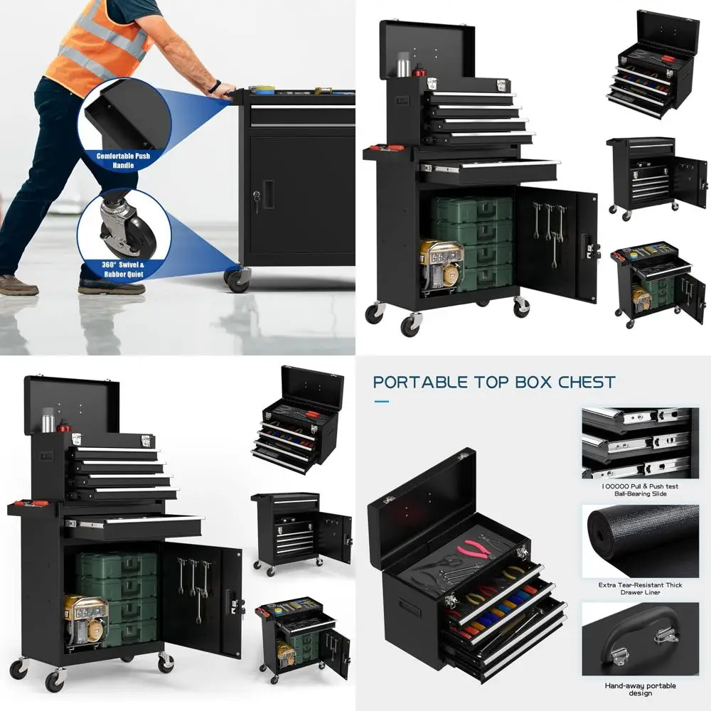 

Черный инструментальный ящик на 5 ящиков на колесиках с запираемым отсеком для хранения, металлическая тележка для гаража и мастерской