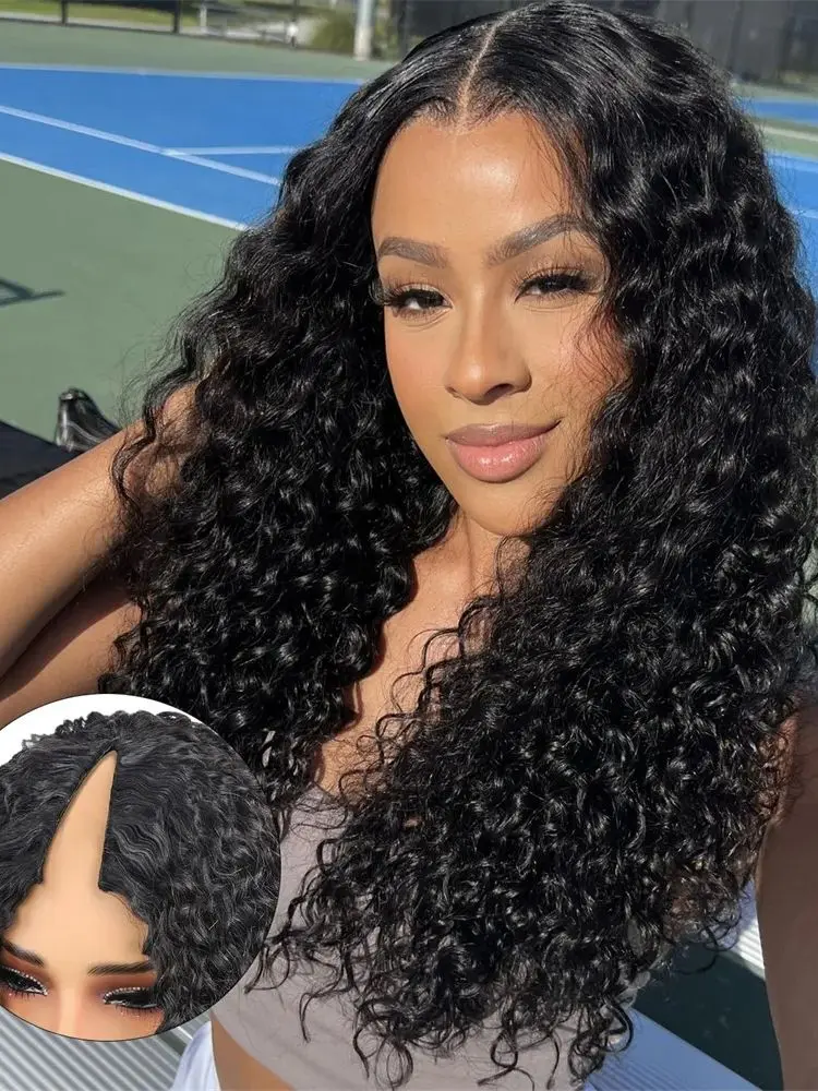 Kinky Curly V-Part Echthaar-Perücken Anfängerfreundlich für Frauen Peruanische Maschinengefertigte 180% Dichte Kinky Curly V-Part Perücken Natürliche Farbe