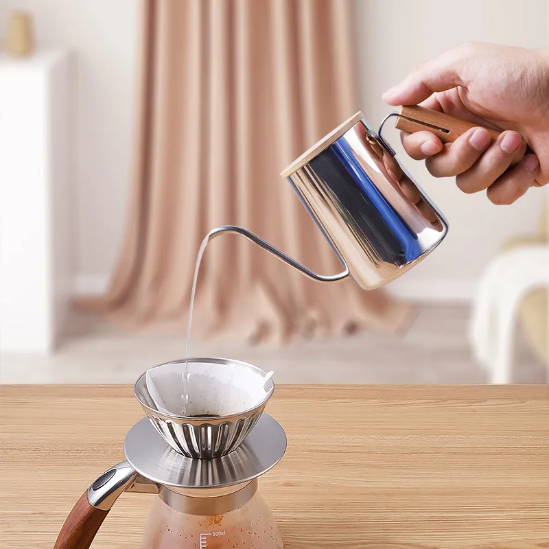 

Wood Handle Espresso Coffee Pot with Ear-shaped Stainless Steel Inner Scale, Long Spout and Narrow Mouth, 250ml