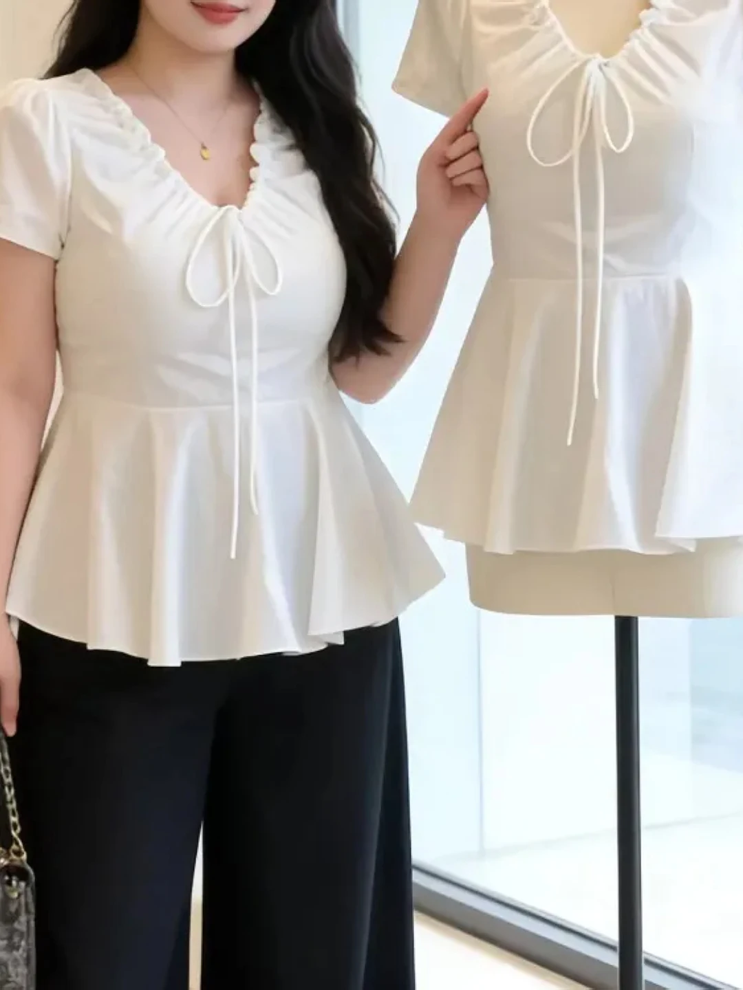 

plus Size Women's Vintage V-Neck Pleated Short Sleeve Shirt with Belt Summer Slimming Top Korean Style Commute Fashion