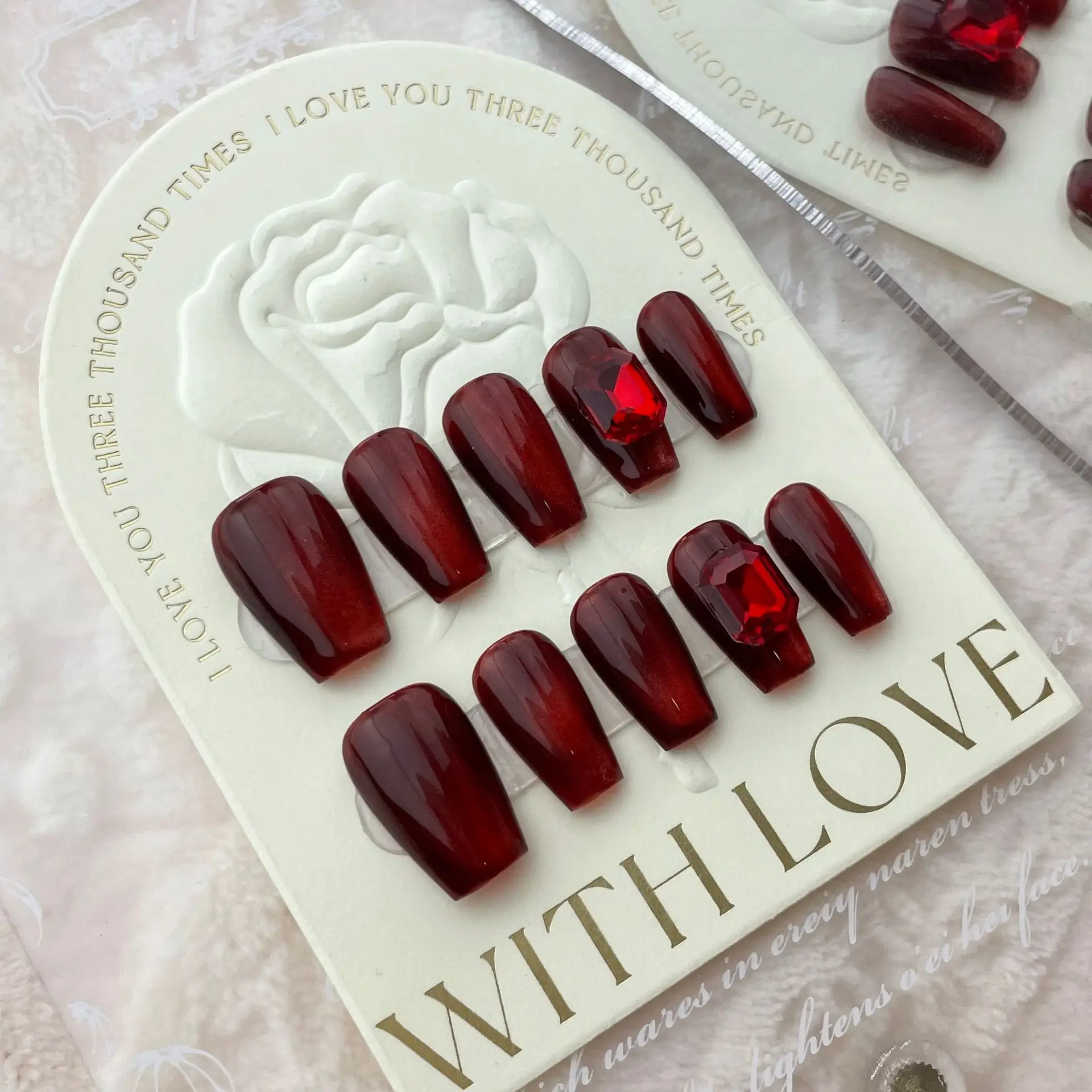 

10 PCS Luxury Handmade Press on Nails Middle Trapezoid Ruby Design False Nails with 4-PIECE Tool Adhesive Nail Glue Tabs