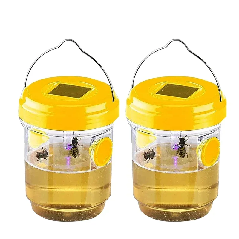 2 Sets Solar Wasp Trap Outdoor Flying Hanging Reusable Wasp Cather Hanging with Light for Yellow Hornets Bee Insect Flies Traps