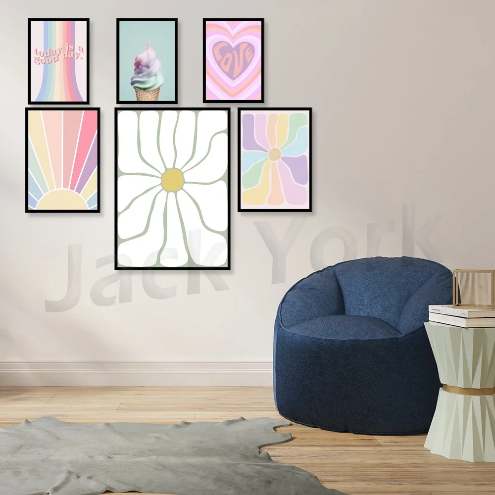 Danish Pastel Decor Rainbow Wall Art, Abstract Flower Art, Cottagecore Wall Art, Flower Power 70s Aesthetic Printable Wall Art