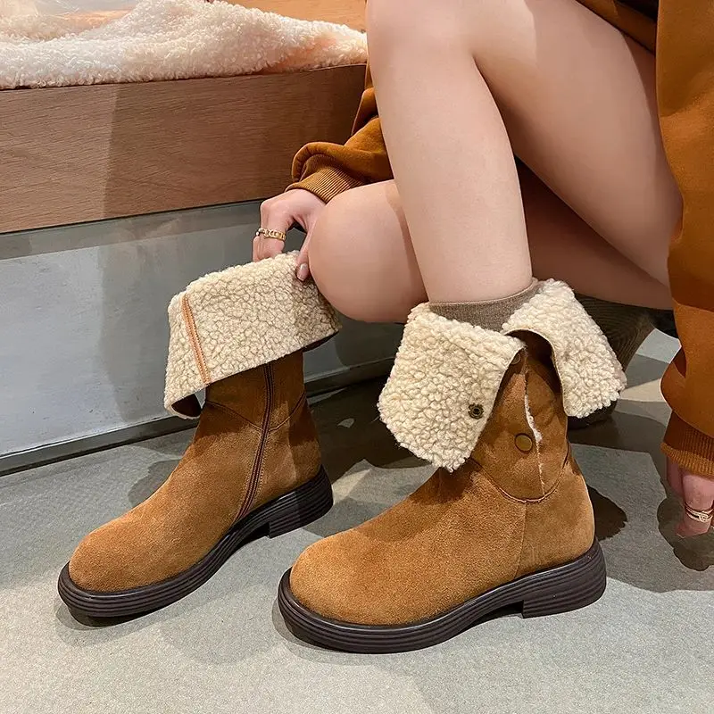 

Snow Boots Suede Women Winter Shoes Warm Inside Patchwork Fashion BootsThick Heel Botas Feminino With Zip Round Toe Warm Shoes