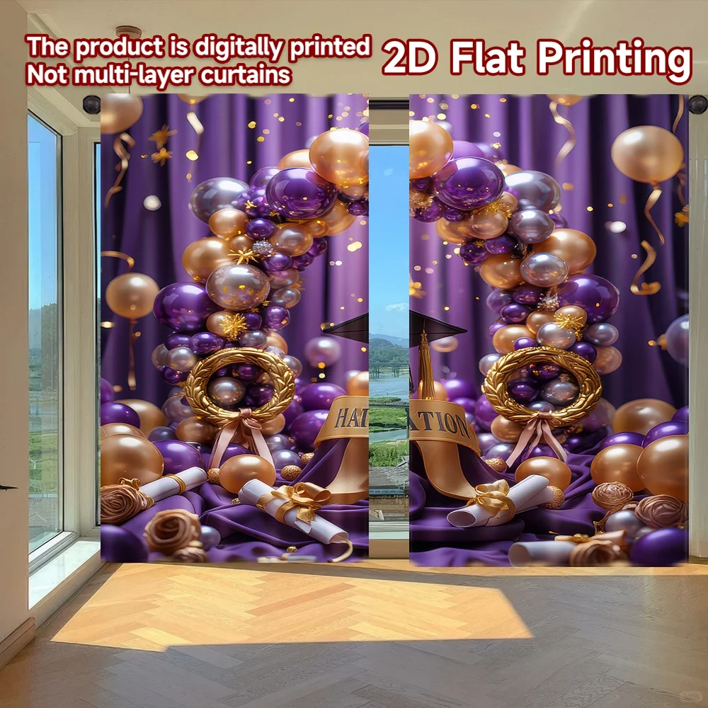 

2D flat printing 2pcs Scene Curtains Graduation Celebration Balloons(4) Digital Printed Polyester Drapes Family Party Decoration