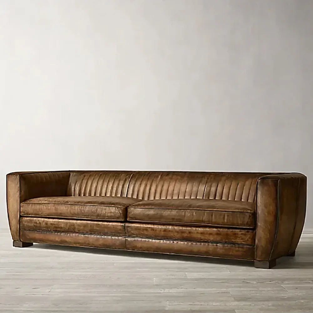 Italian minimalist American three-person sofa small apartment living room retro oil wax leather leather buckle designer sofa