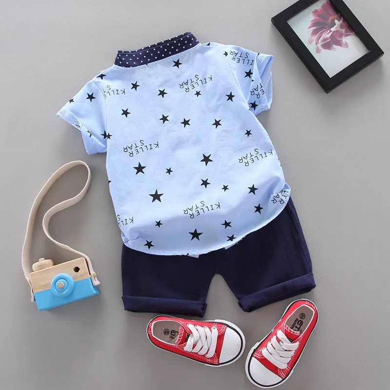 Infant Boys Daily Summer Clothes Set Star Letter Full Print Contrast Polka Dot Pocket Stand Collar Shirt Navy Shorts Suit