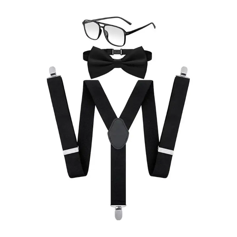 

39BB Bookish Role Play Outfit Adult Bookish Costume Men Brace Bowtie and Eyeglasses for Men and Women Halloween Cosplay