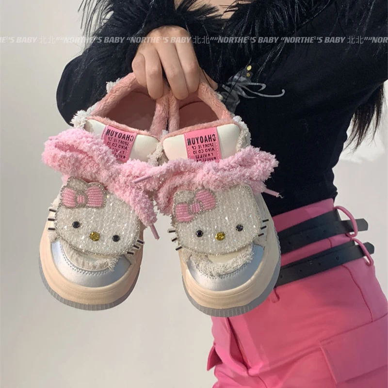 Hello Kitty Original Handmade Beaded Breathable Little White Shoes Autumn&winter Student Versatile Cute Board Shoes Casual Shoes