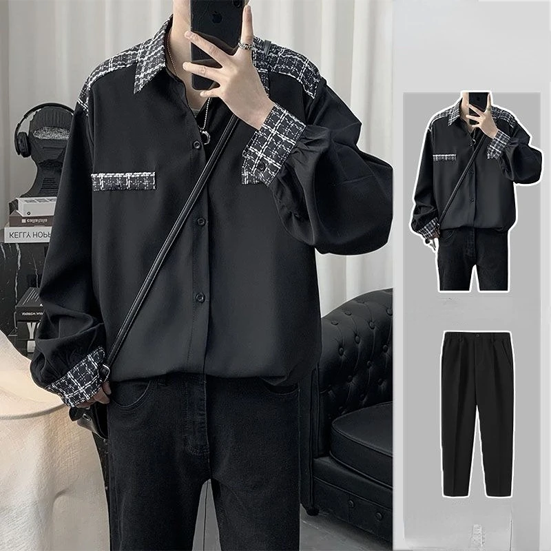 

2023 Men Sets Contrast Color Loose Streetwear Lapel Long Sleeve Shirt & Pants 2 PCS Set Stylish Korean Men Casual Suits V15