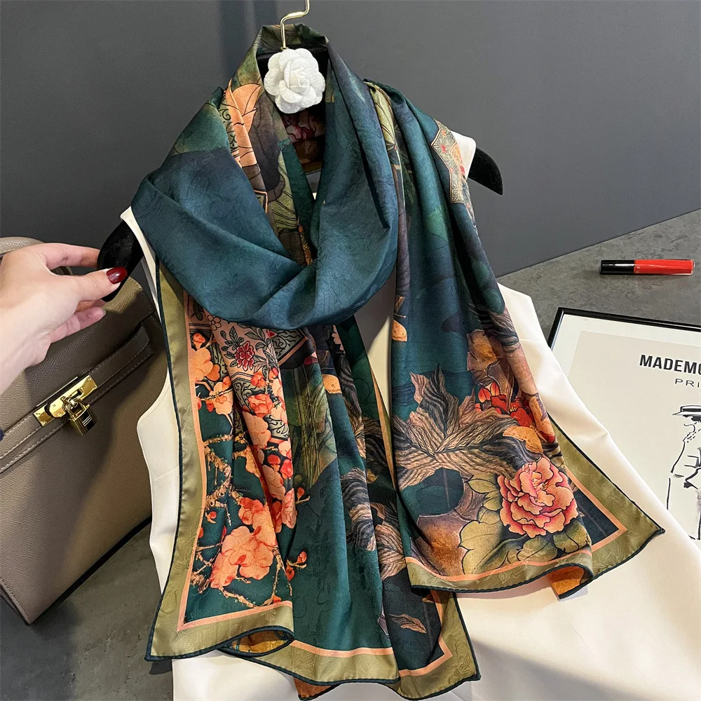 Luxury Brand Silky Large 180*70cm Scarf Women Vintage Chinese Style Gauze Female Twill Square Shawl Fashion Travel Scarve