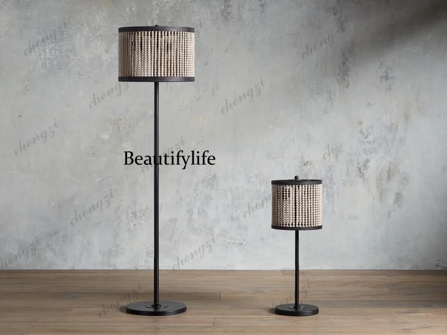 Retro wood bead table lamp villa living room bedroom bedside American minimalist creative floor lamp high sense