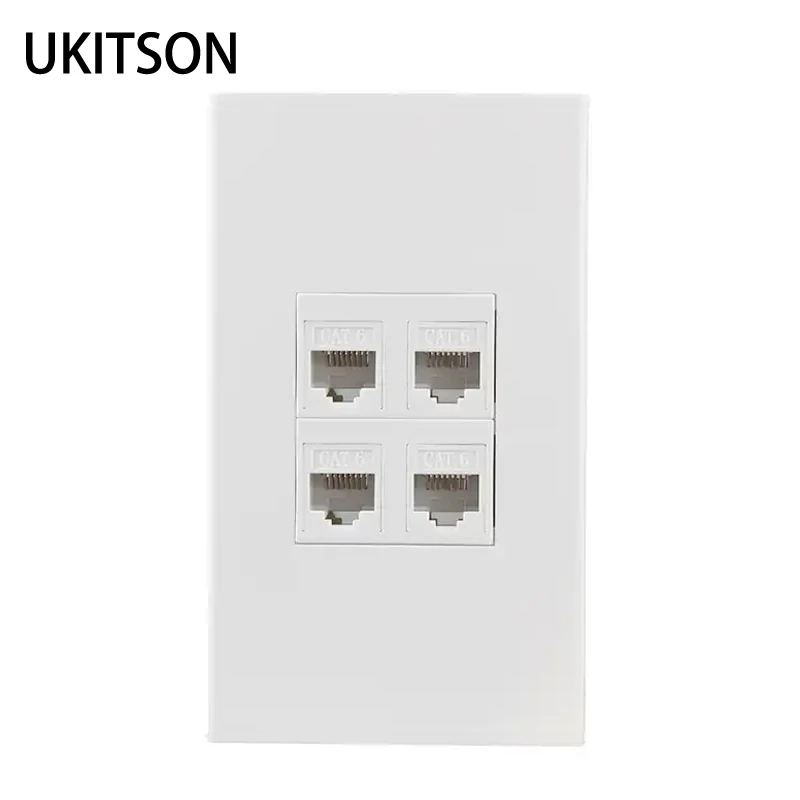 4 Ports CAT6 RJ45 Wall Panel Four Gangs CAT.6 Pass Through LAN Network Socket In US Standard Faceplate White Color