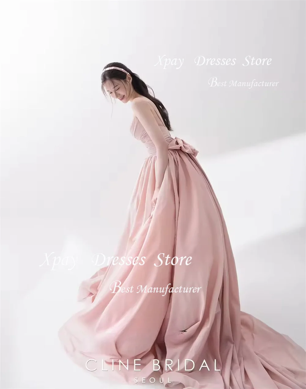 XPAY Sweetheart Collar Pink Spaghetti Strap Korea Evening Dresses A-line Floor-Length Wedding Photo Shoot Formal Party Gown