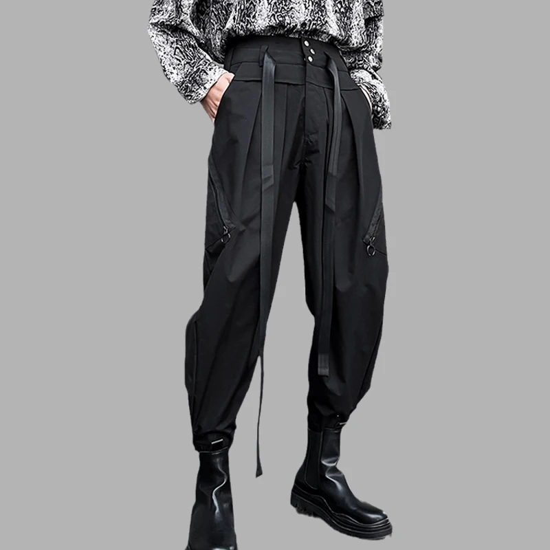 

Fashion Men Casual Pants Patchwork High Wais Belt Pleated Loose Joggers Streetwear Trousers Men Personality Crop Pantalon