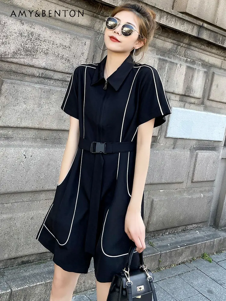 

Summer Commuter Style Women's Black Loose Slimming Jumpsuit Lapel Short Sleeve Contrast Line Belted Casual Rompers Streetwear