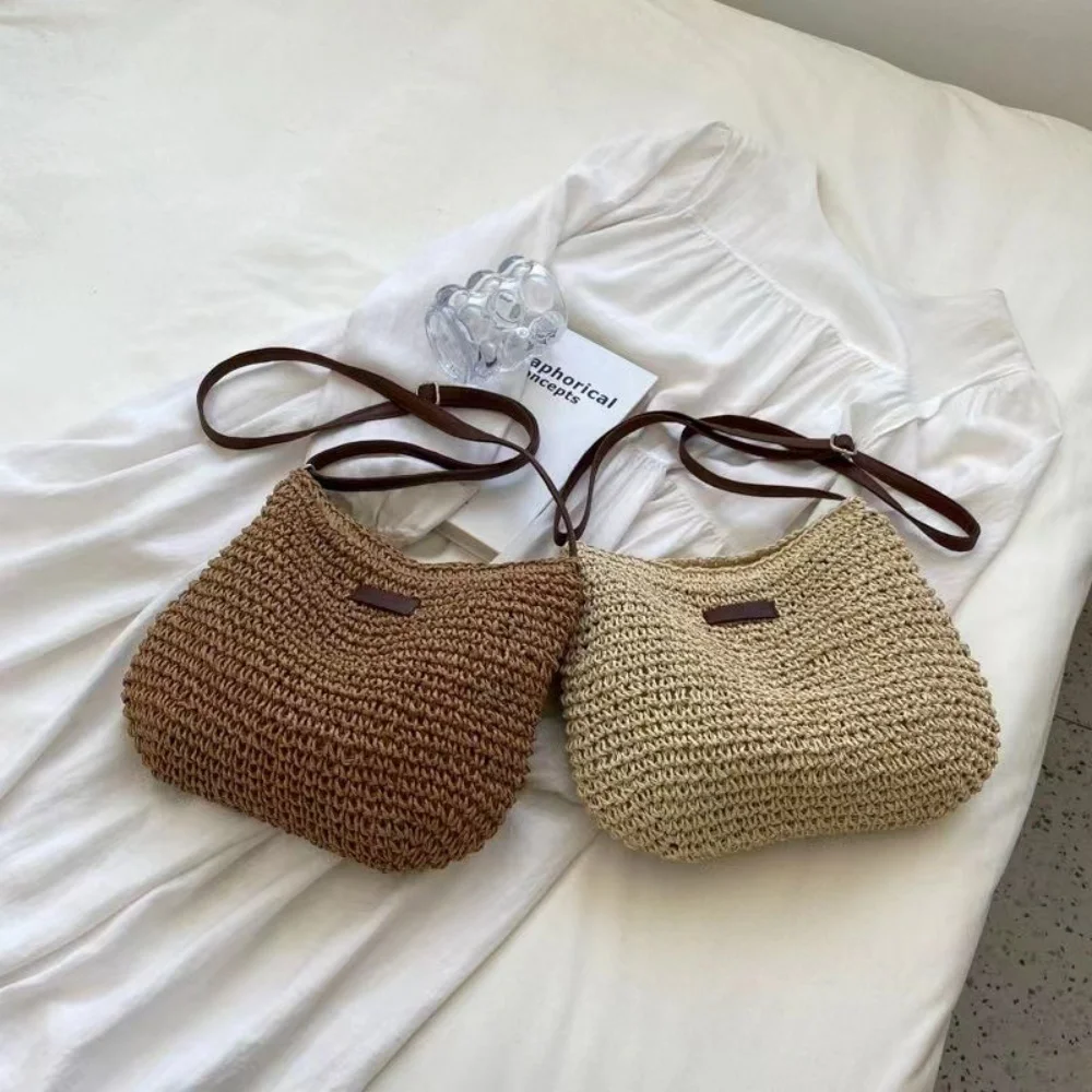 

Straw Handbag For Women Basket Bag Summer Handmade Straw Bag With Leather Shoulder Strap Woven Shoulder Bag Beach Travel Shop
