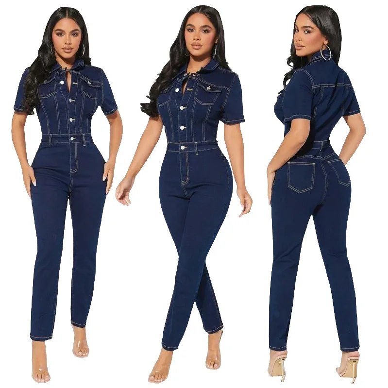 Women Denim Jumpsuits Solid Elegant Short Sleeve Button Up Skinny Rompers 2023 Autumn Activewear Jeans Office Lady Jumpsuits