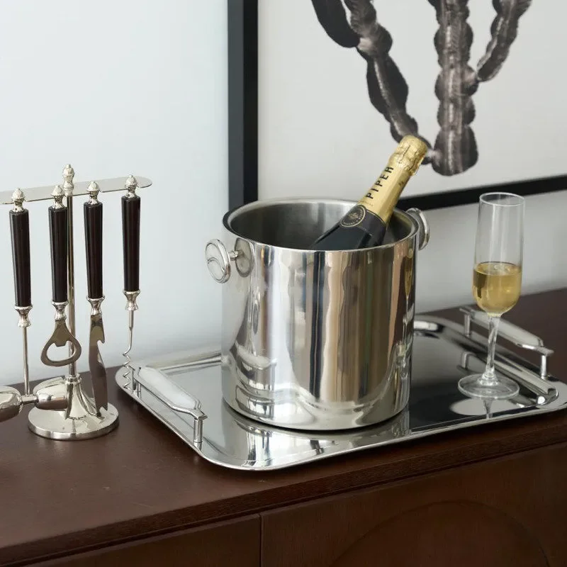 Silver Rectangular Tray Wine Bucket Set With Bottle Opener Ice Container For Home Bar Decor Glossy Finish Party Gift Item