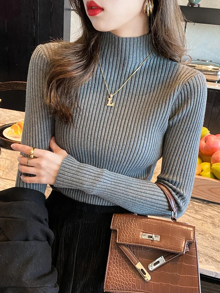 

2025 Korean Fashion Simple Chic Clothes Elegant Solid Basic Knitted Tops Women Turtlneck Sweater Long Sleeve Casual Pullovers