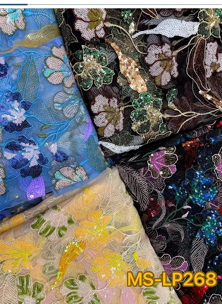 1yard Luxury Double color bead flower sequin embroidery tela Dress cheongsam diy sewing fabric New soft mesh fabric view 6